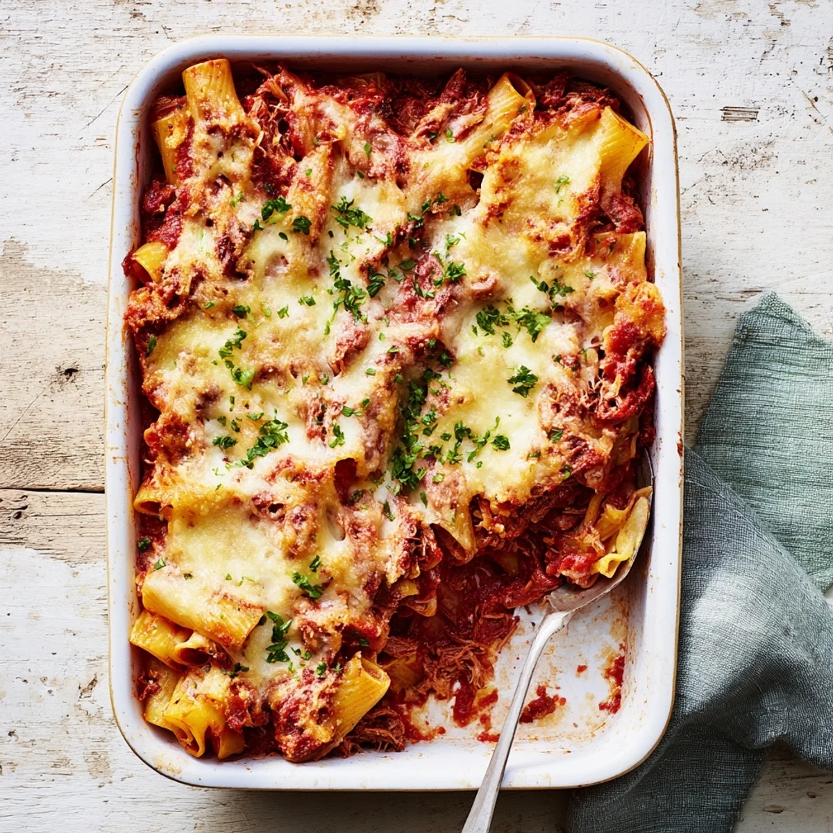 Tender shredded beef and rigatoni layered in cheesy chuck roast pasta bake ready for serving