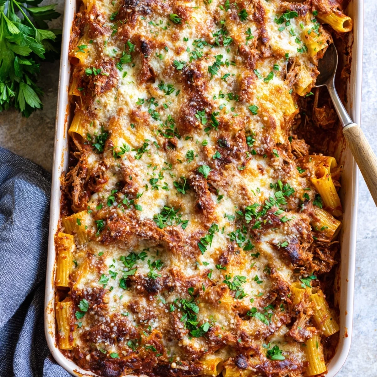 Steam rises from bubbling chuck roast pasta bake sprinkled with fresh parsley and parmesan cheese