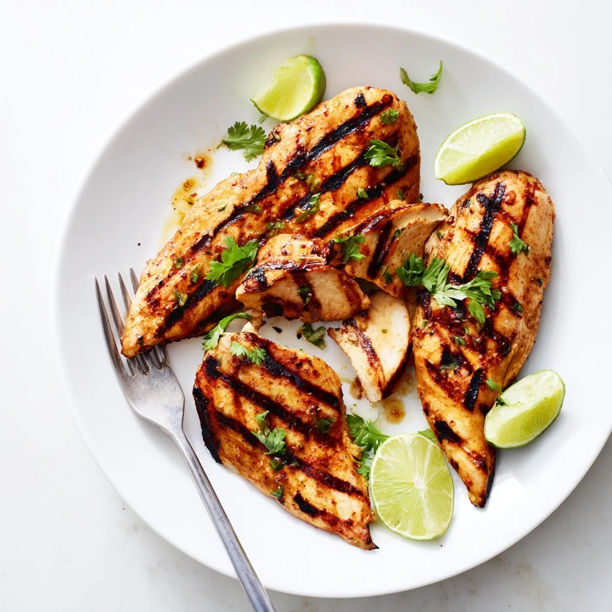 Golden brown Key West grilled chicken garnished with fresh cilantro and lime wedges