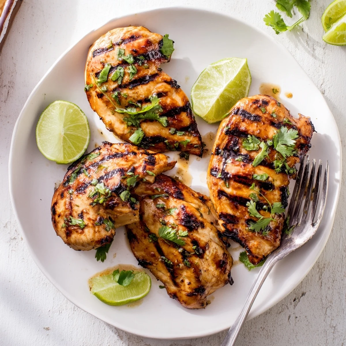Tropical Key West grilled chicken resting on a plate with bright green cilantro