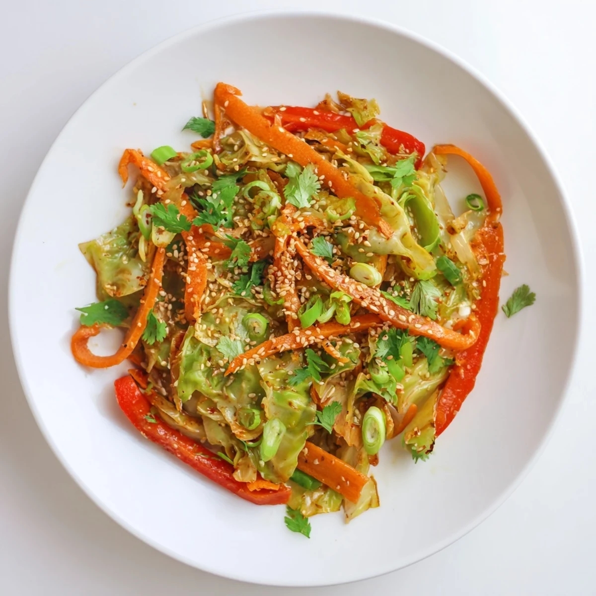 Vibrant cabbage stir fry with crisp vegetables glazed in savory Asian sauce