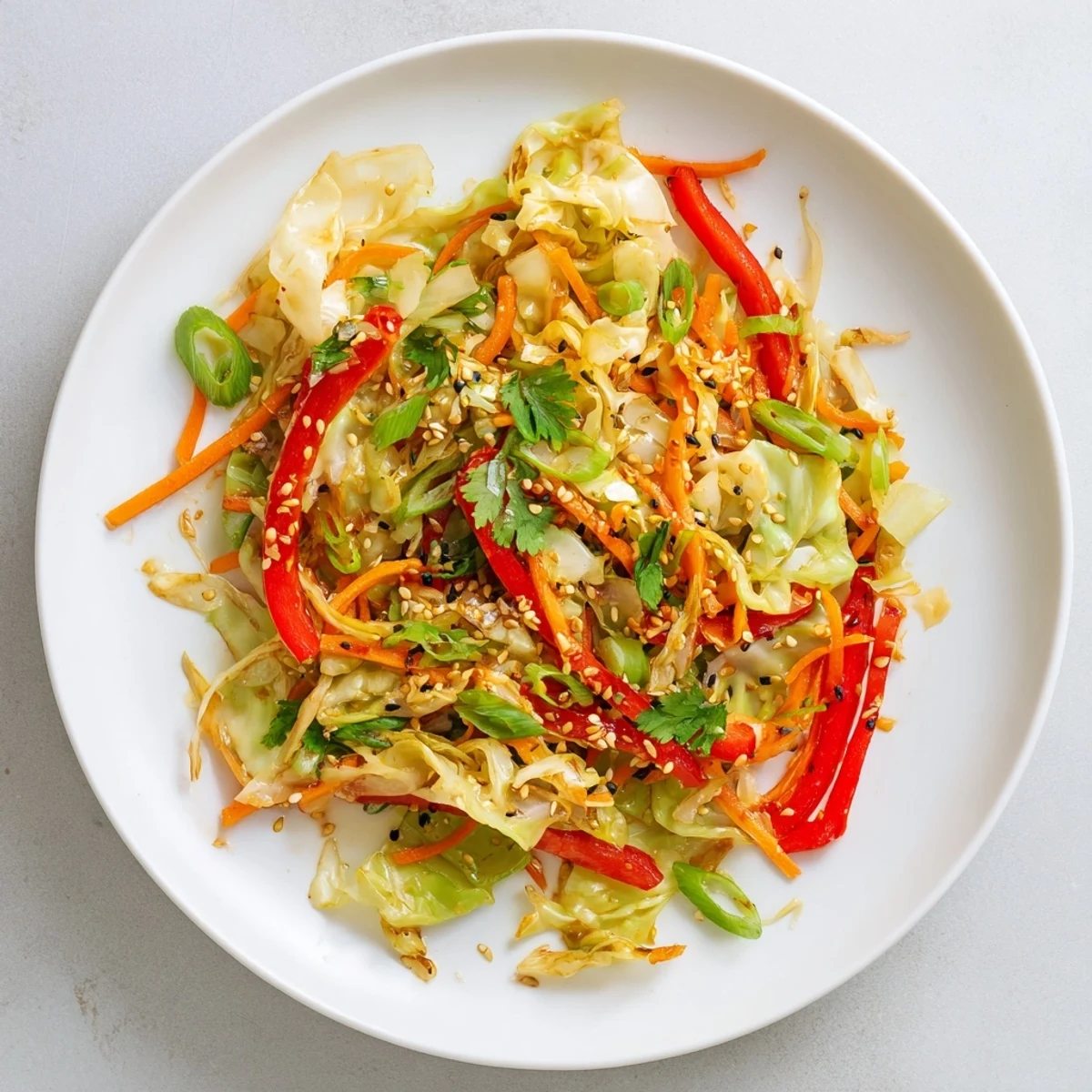 Golden cabbage stir fry featuring colorful peppers and aromatic sesame ginger sauce