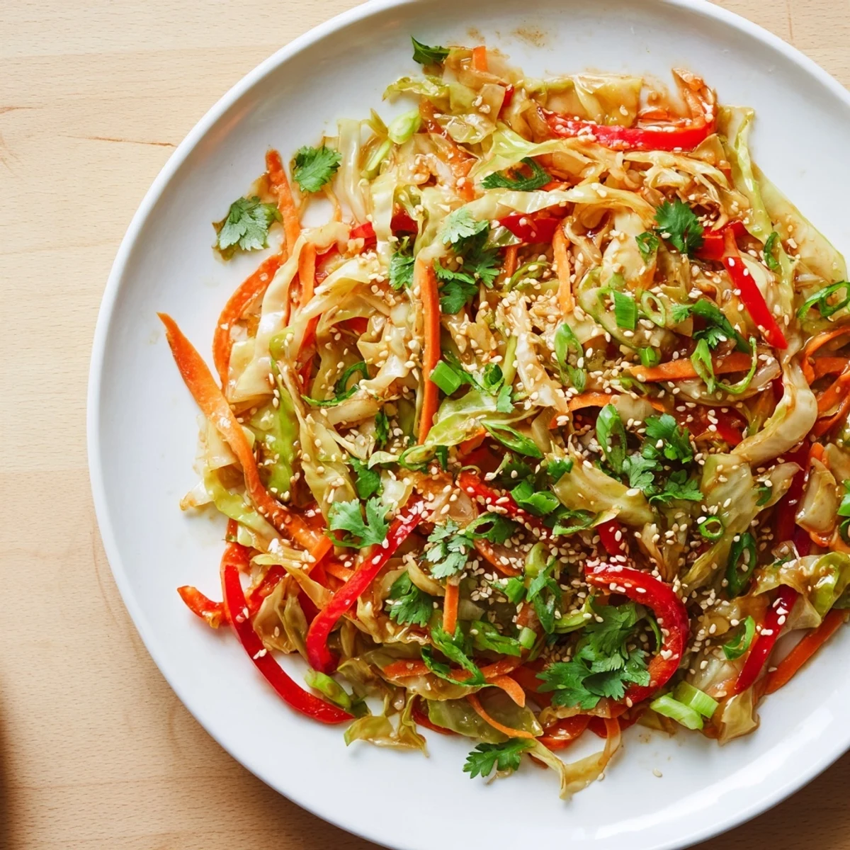 Fresh cabbage stir fry in a wok with julienned carrots and bell pepper