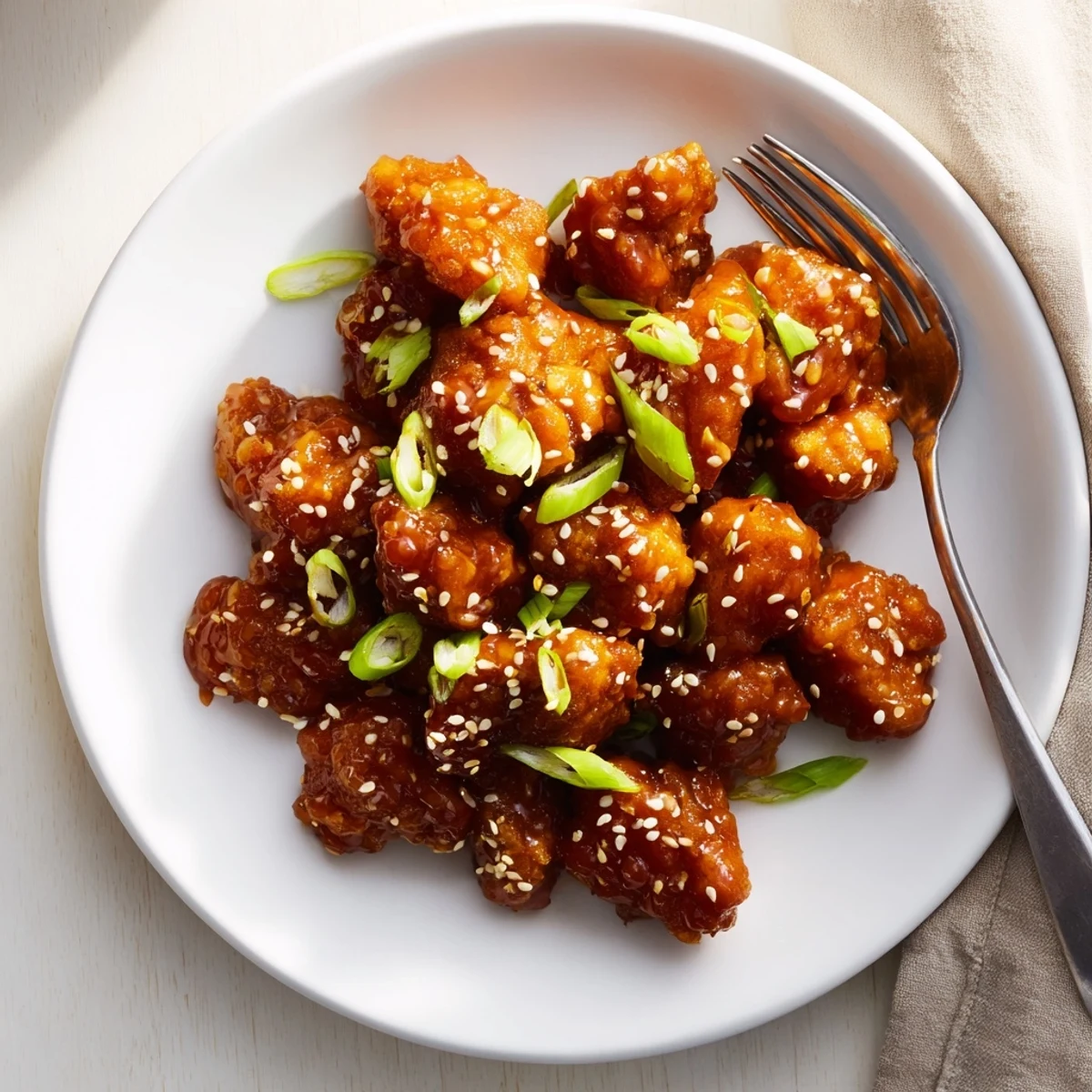 Golden brown ground chicken tossed in sweet and tangy General Tso's sauce with sesame seeds