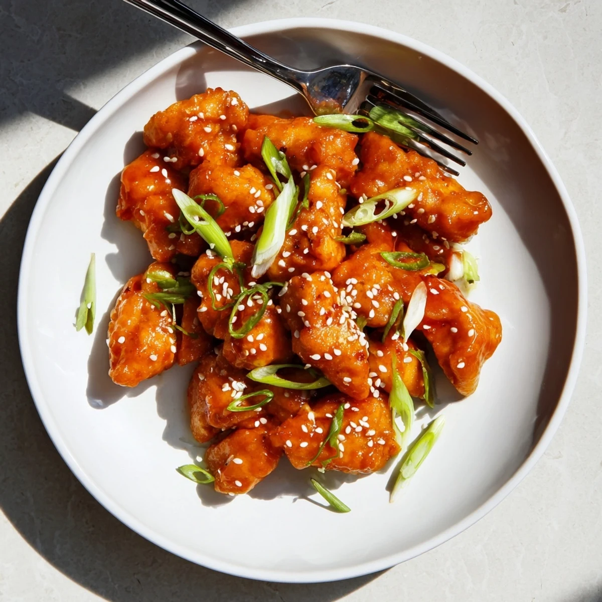 Savory ground chicken simmered in thick glossy sauce topped with fresh sliced green onions