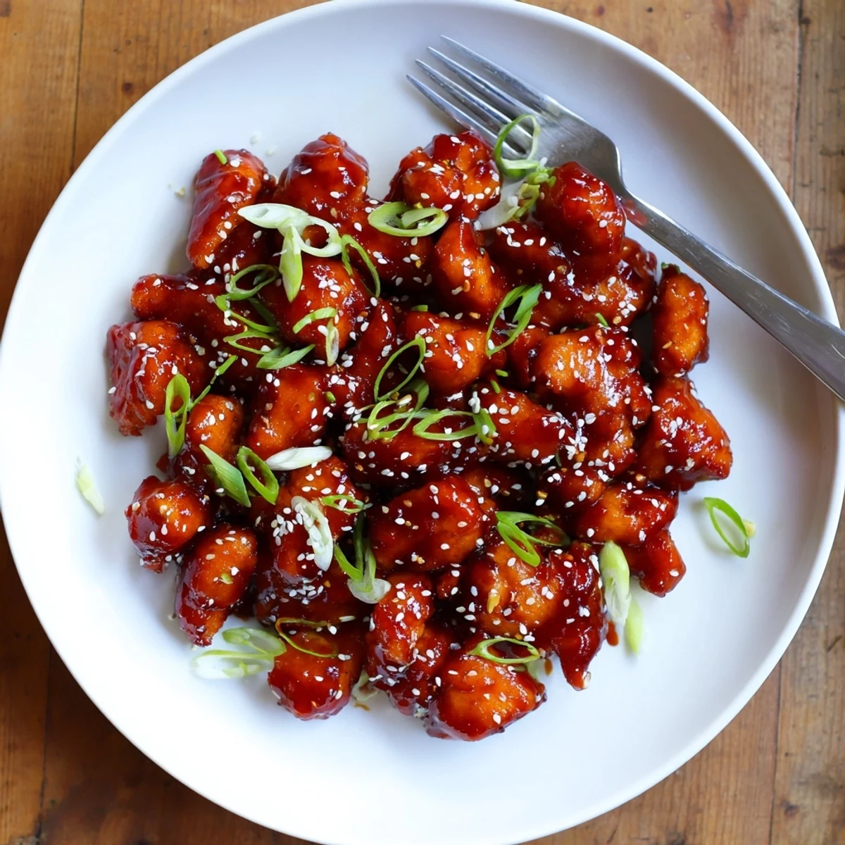 Easy ground General Tso's chicken served over rice with aromatic garlic ginger glaze