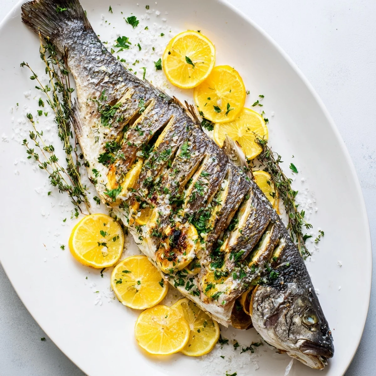 Golden whole roasted fish with crispy skin served on a white platter with fresh lemon wedges and parsley garnish