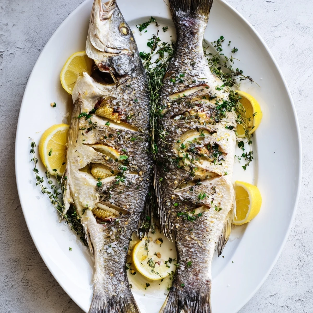 Whole roasted Mediterranean fish displaying crackling golden skin, stuffed with aromatic herbs and citrus slices on a rustic wooden board