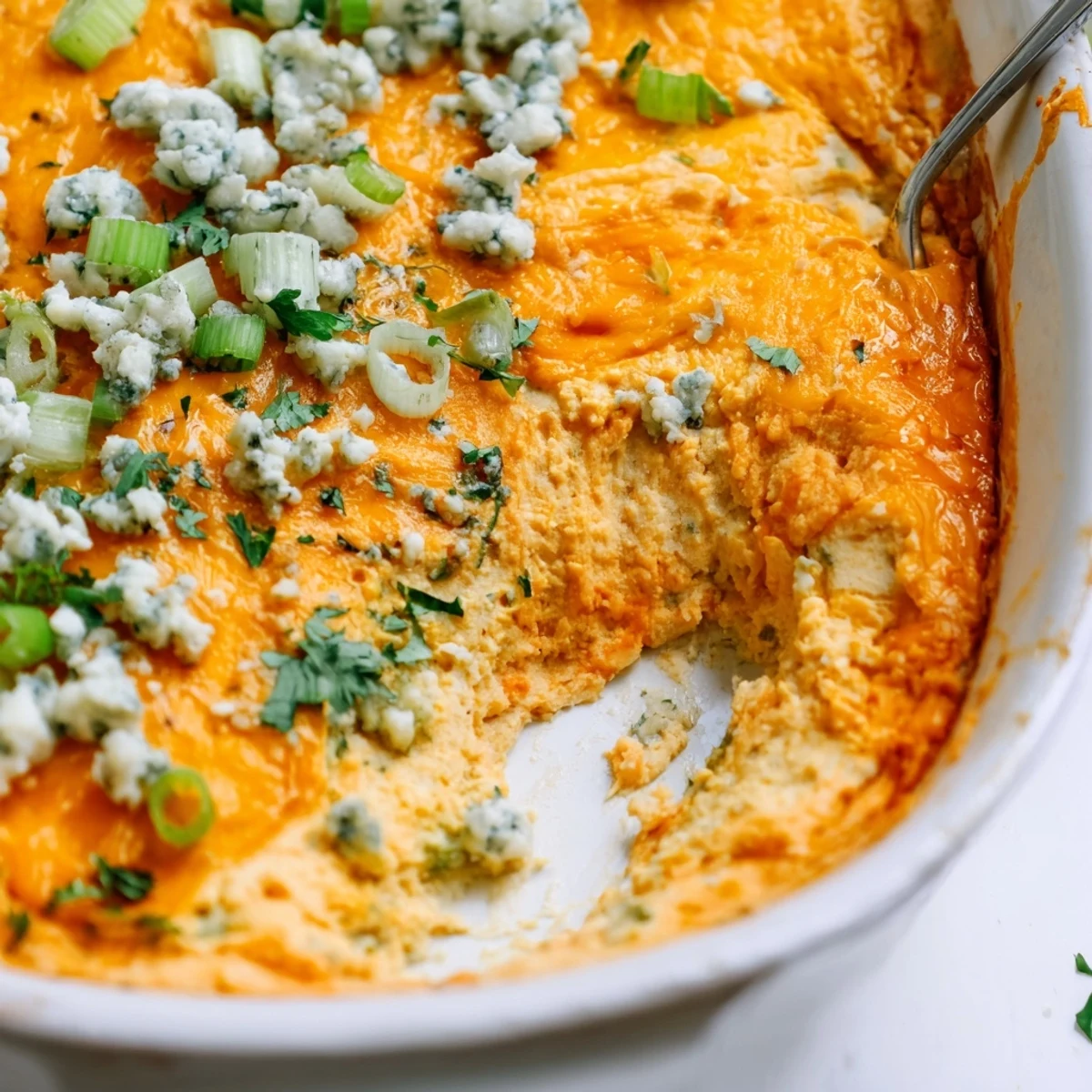 Golden bubbly cheesy white bean buffalo dip topped with green onions and fresh parsley