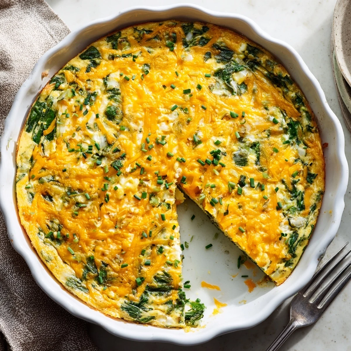 Golden cottage cheese spinach quiche baked to perfection in a white pie dish, featuring a fluffy texture and lightly browned top.