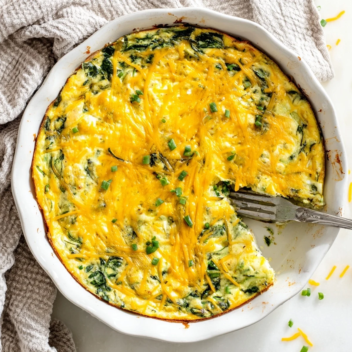 Sliced crustless cottage cheese spinach quiche on a wooden board, revealing tender green spinach and melted cheddar throughout each protein-rich serving.