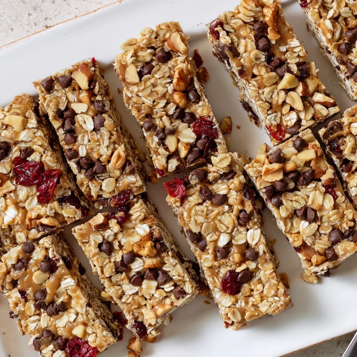 Golden no bake oat bars studded with chocolate chips and cranberries in a square baking dish