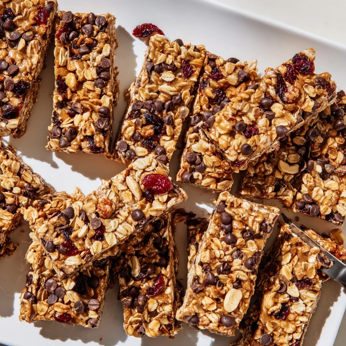 Chewy homemade oat bars layered with peanuts and dried fruit ready for slicing and serving