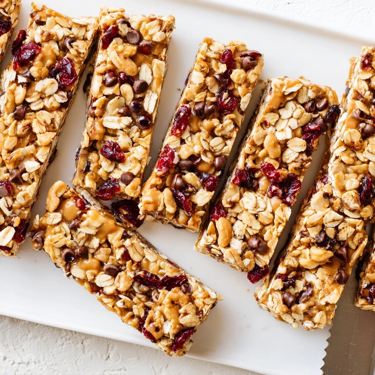 Thick peanut butter honey oat squares pressed into a pan with visible oats and chocolate chunks