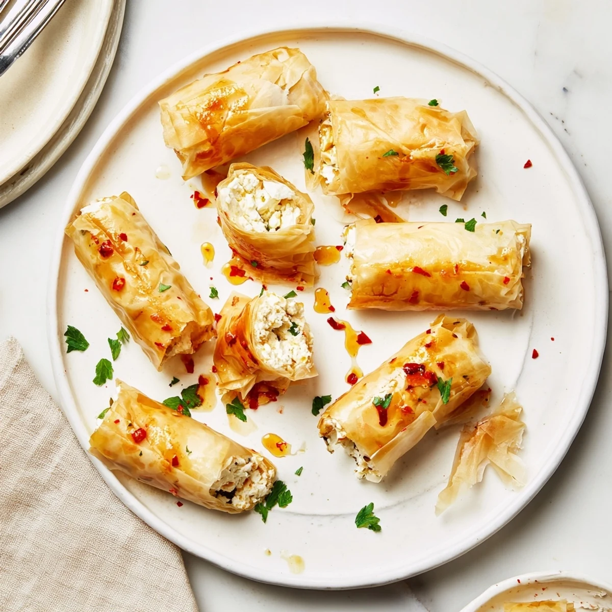 Golden oven fried feta rolls with creamy filling drizzled with spicy chili honey