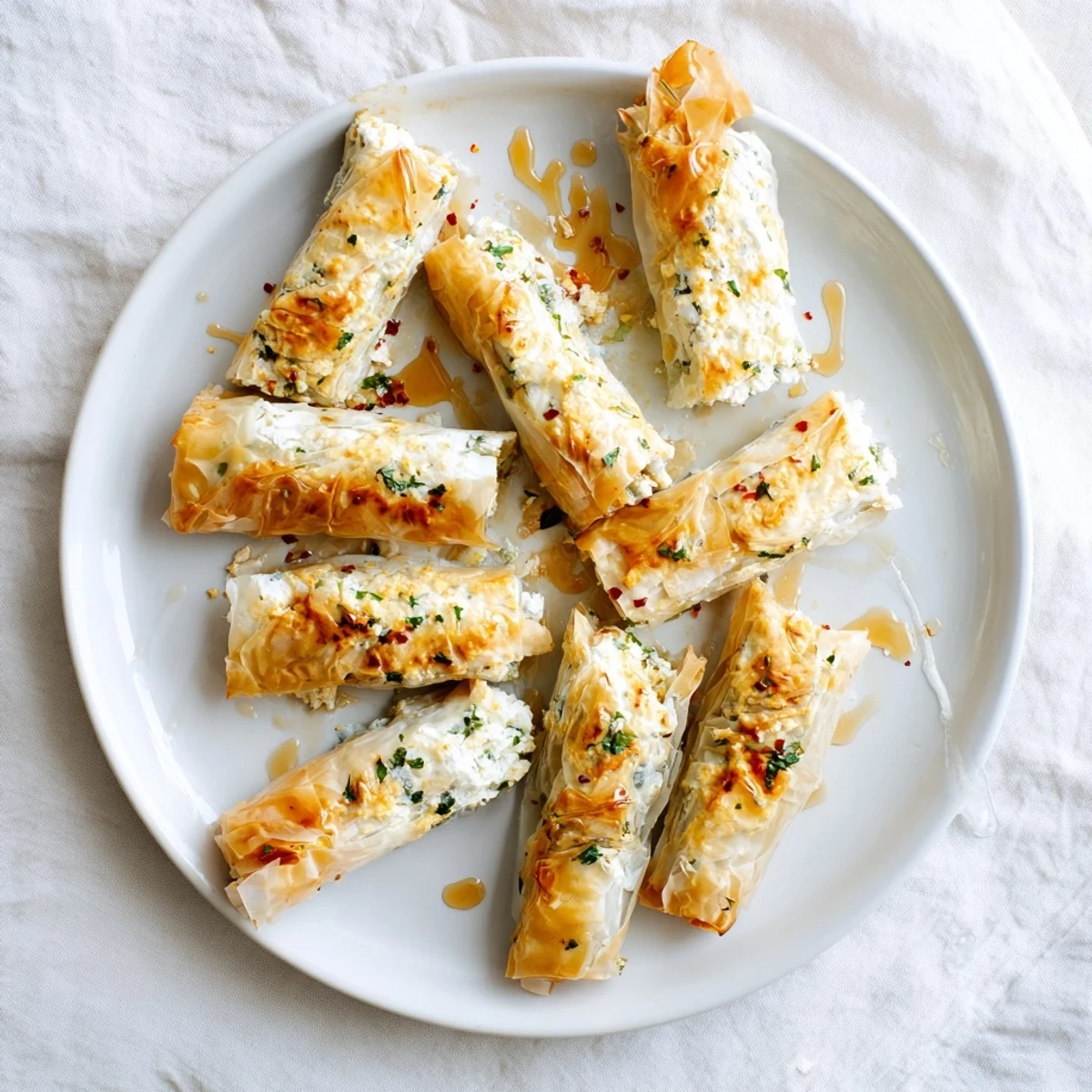 Mediterranean appetizer of golden feta rolls served with homemade honey chili sauce on plate