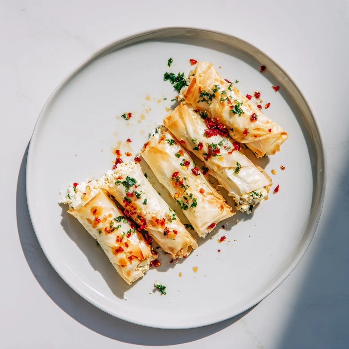 Crispy baked phyllo feta rolls brushed with olive oil and topped with sweet chili glaze