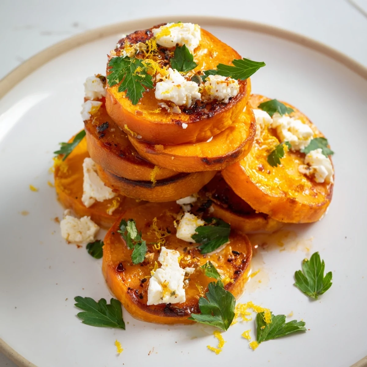 Golden roasted sweet potato rounds topped with crumbled feta cheese and honey drizzle