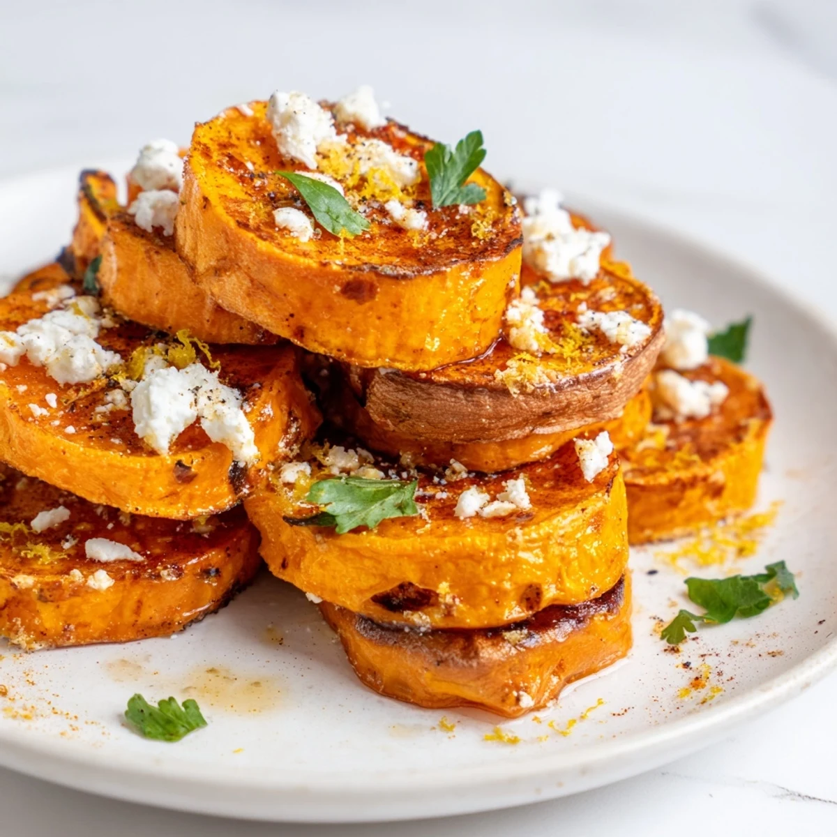 Caramelized roasted sweet potato rounds arranged on platter with creamy feta and fresh parsley