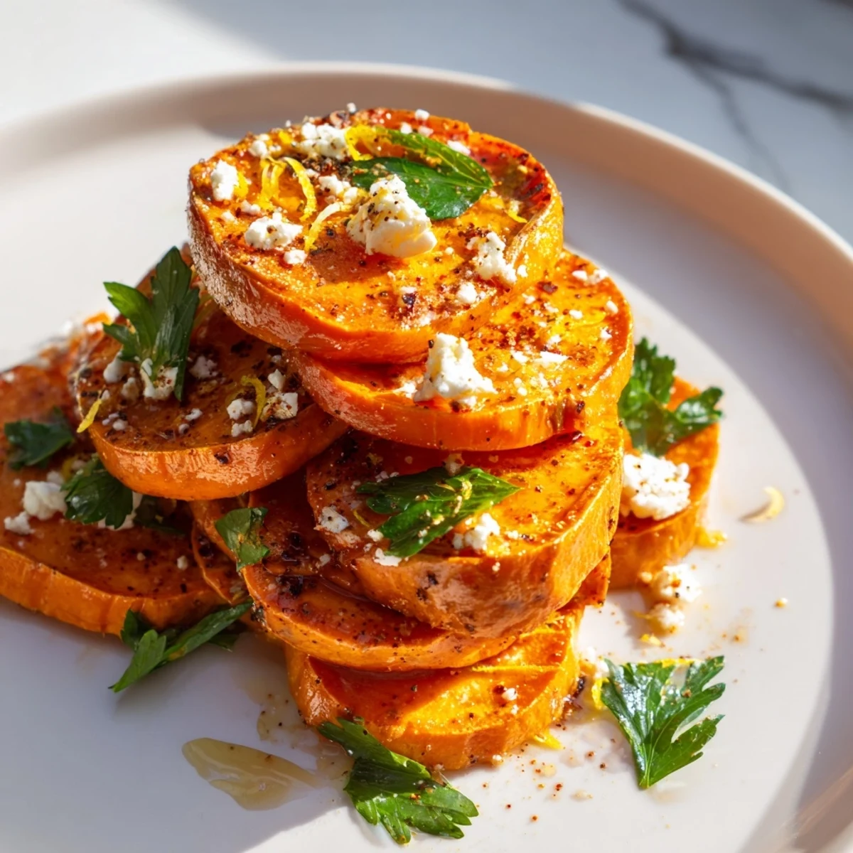 Mediterranean appetizer featuring roasted sweet potato rounds finished with sweet honey and salty feta
