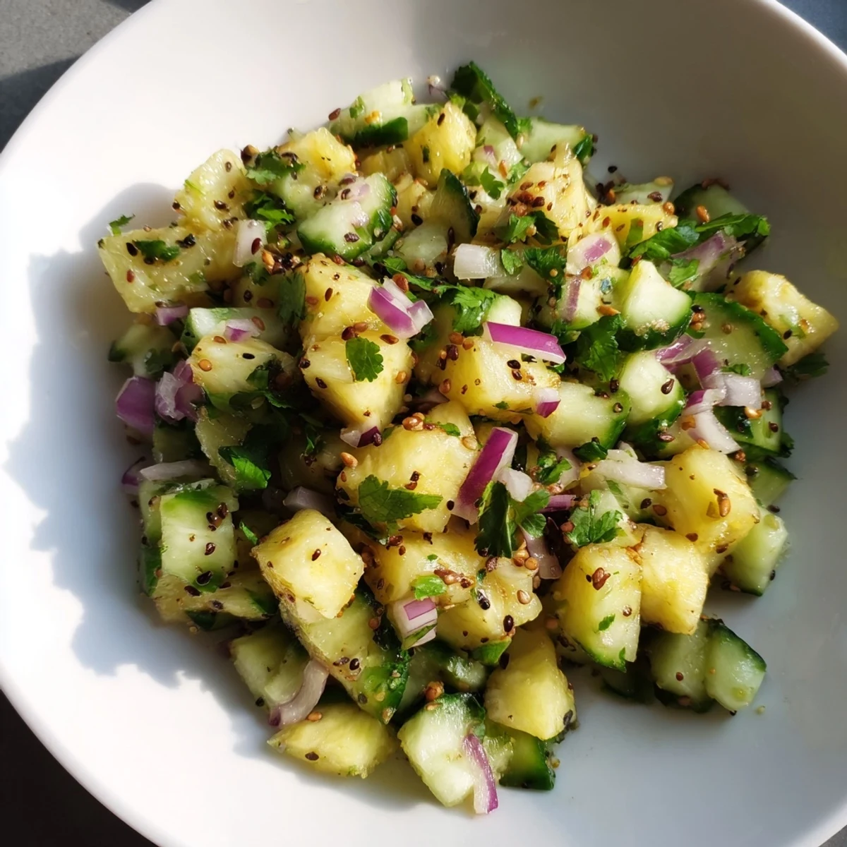 Colorful refreshing pineapple cucumber salad with lime dressing in white bowl