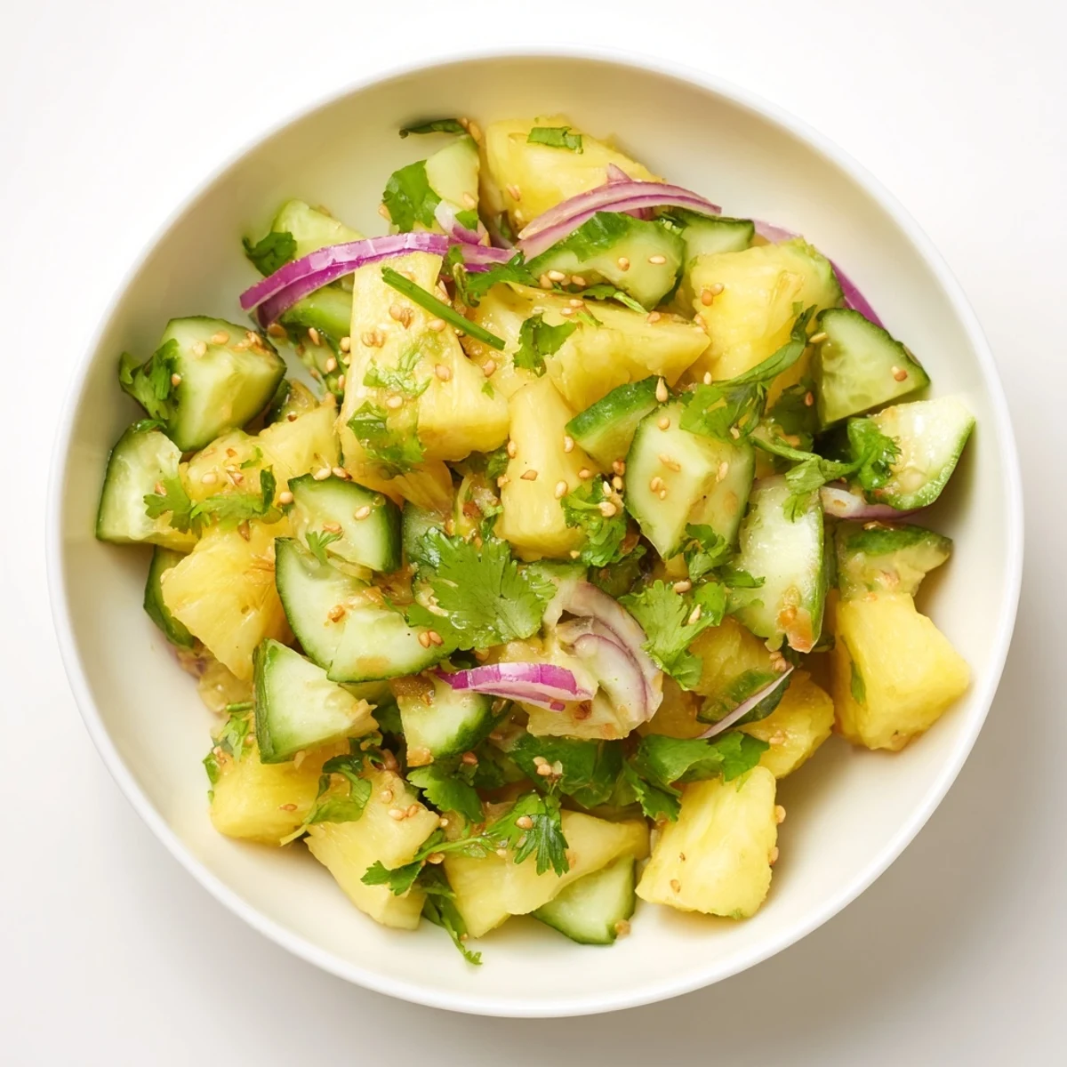 Summer fresh pineapple cucumber salad topped with cilantro and sesame seeds