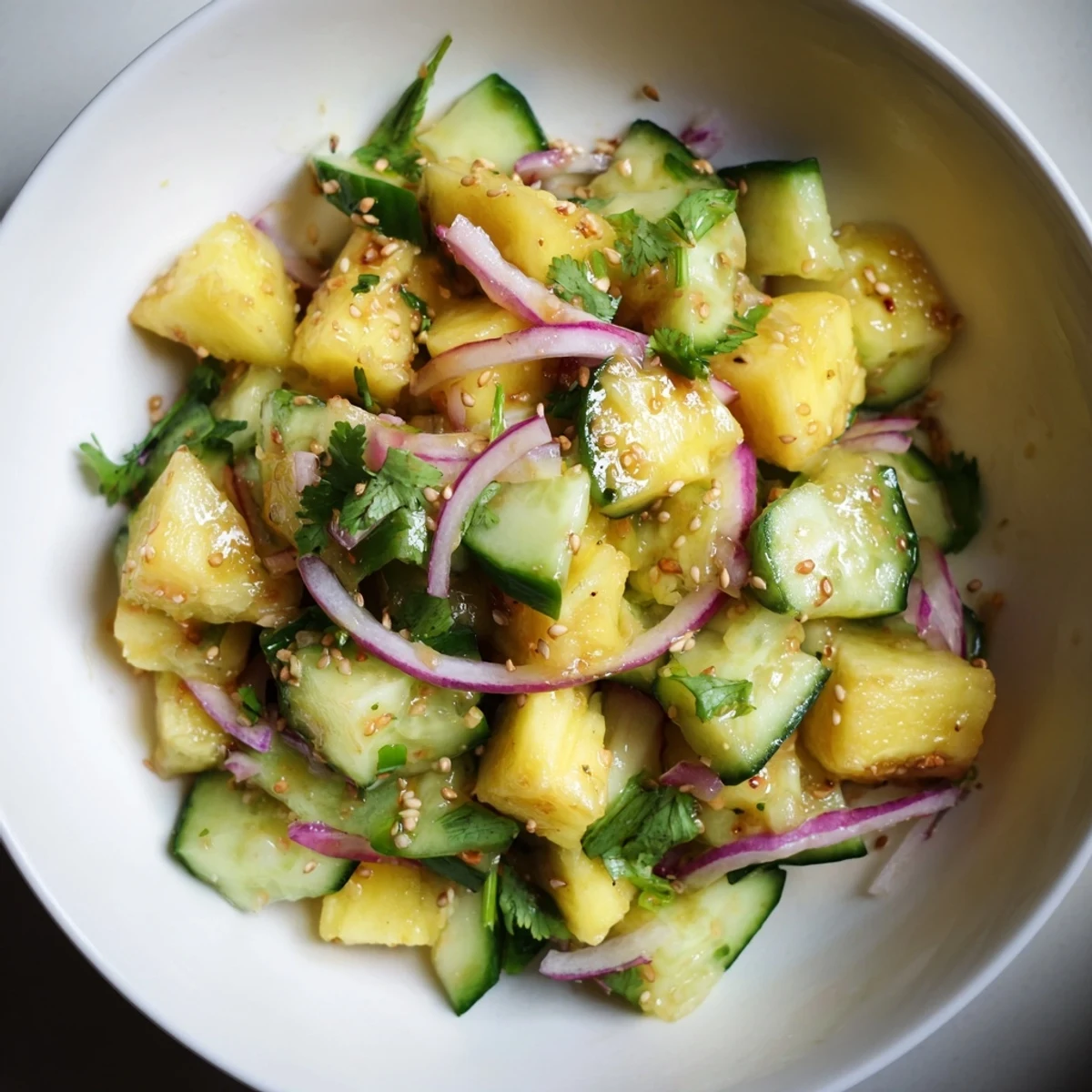 Close up of vibrant pineapple cucumber salad with red onion and lime