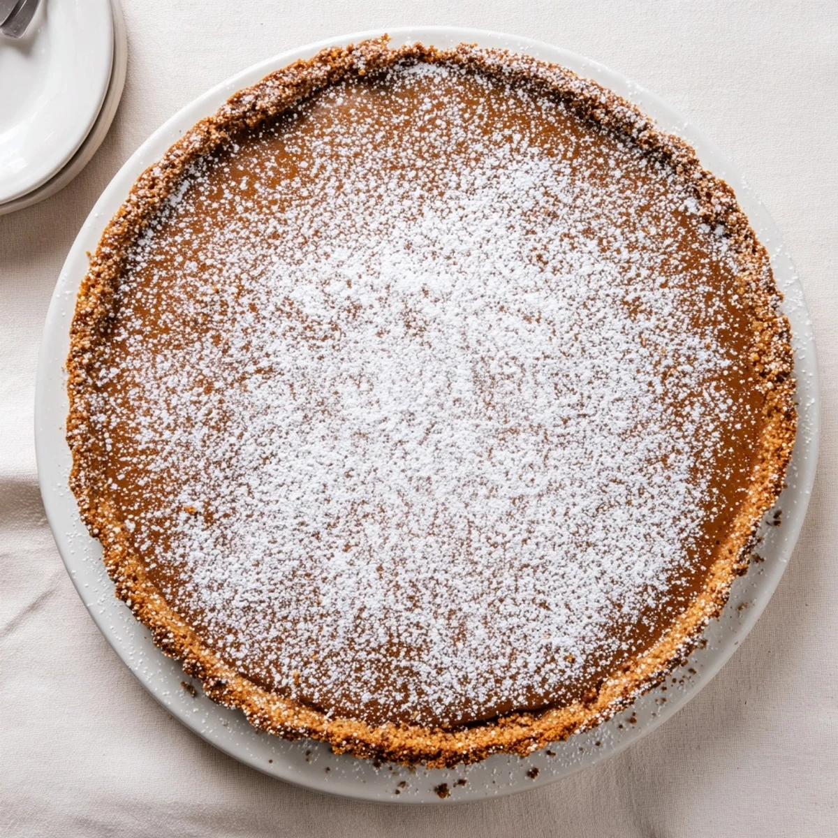 Golden slice of Milk Bar Crack Pie with buttery oat cookie crust and gooey caramel-like center dusted with powdered sugar