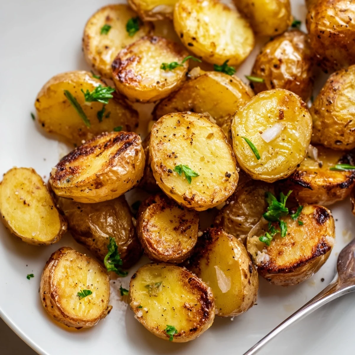 Crispy Oven Roasted Baby Potatoes, golden and tender, sprinkled with parsley  