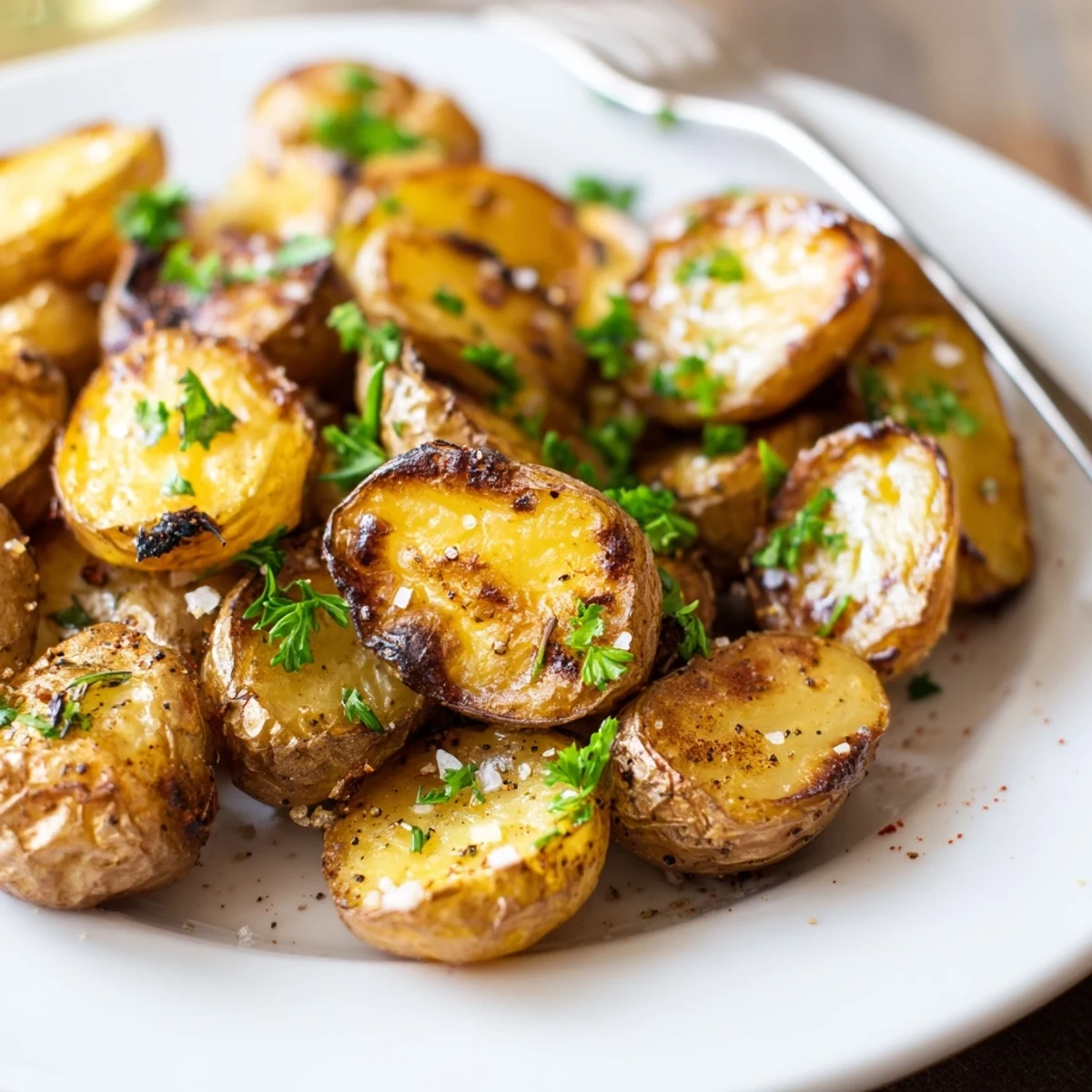Tray of Crispy Oven Roasted Baby Potatoes, cut side down, browned edges  