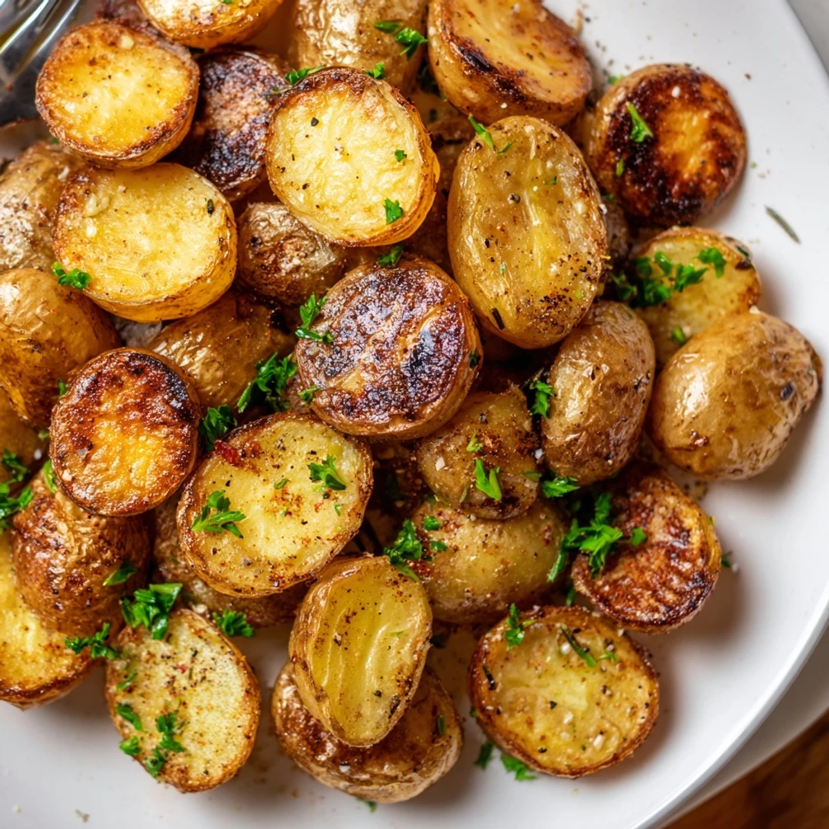 Crispy Oven Roasted Baby Potatoes served hot beside grilled steak and aioli