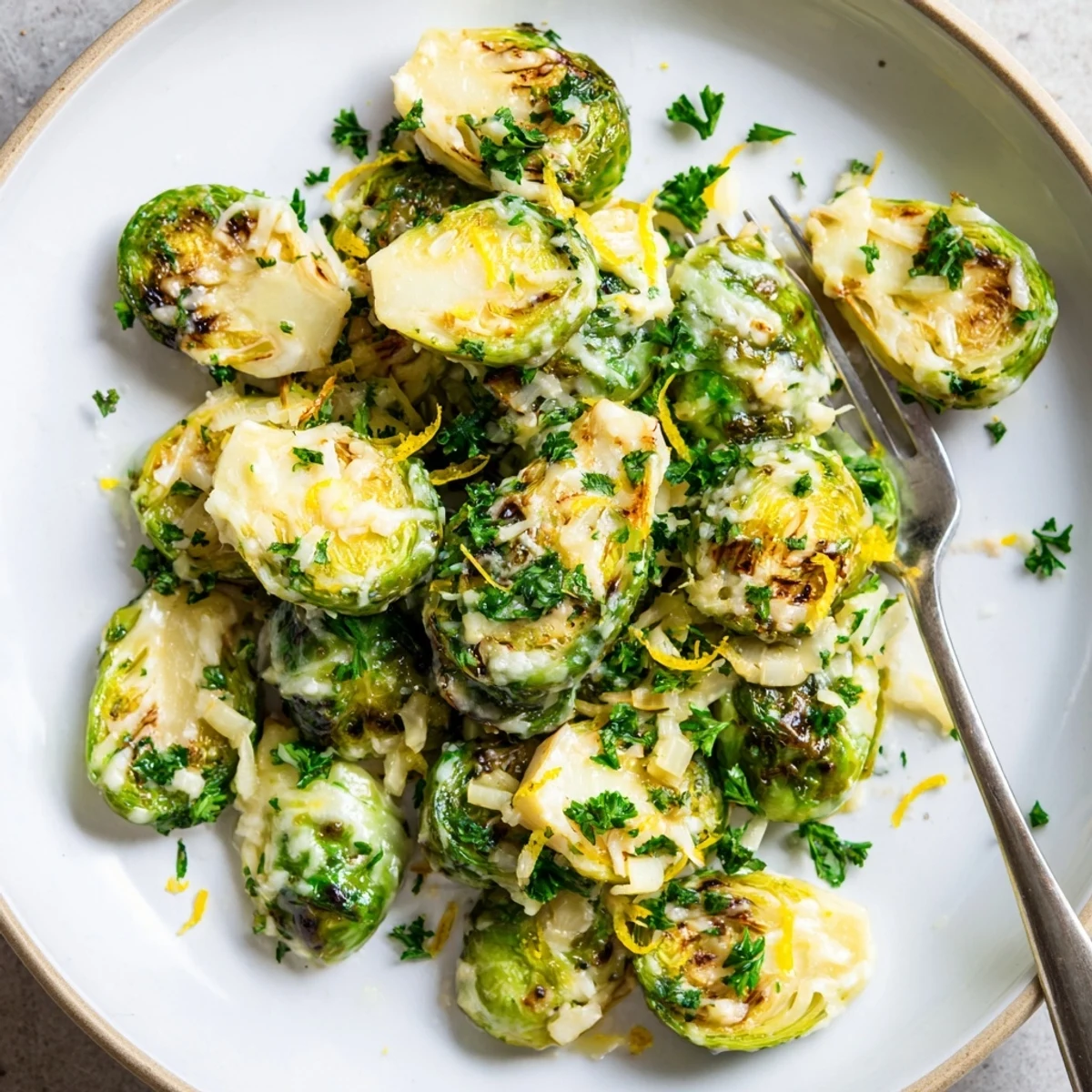 Golden tender Brussels sprouts coated in melted creamy Boursin cheese with fresh herbs