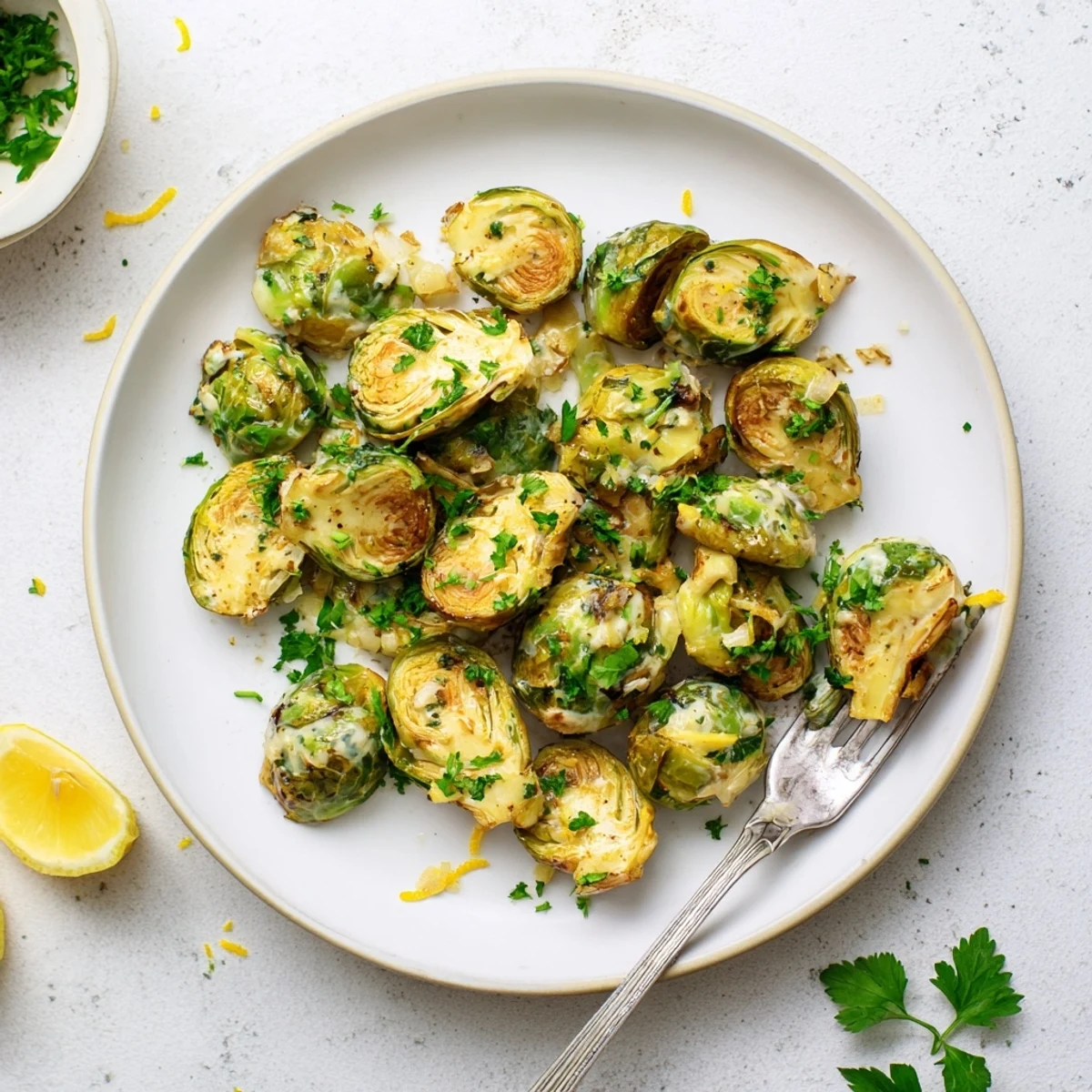 Creamy Boursin cheese glazed Brussels sprouts served in a white bowl with parsley garnish