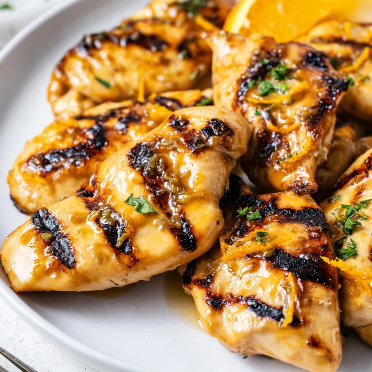 Golden Orange Dijon grilled chicken breast with citrus glaze and fresh parsley garnish on a white plate