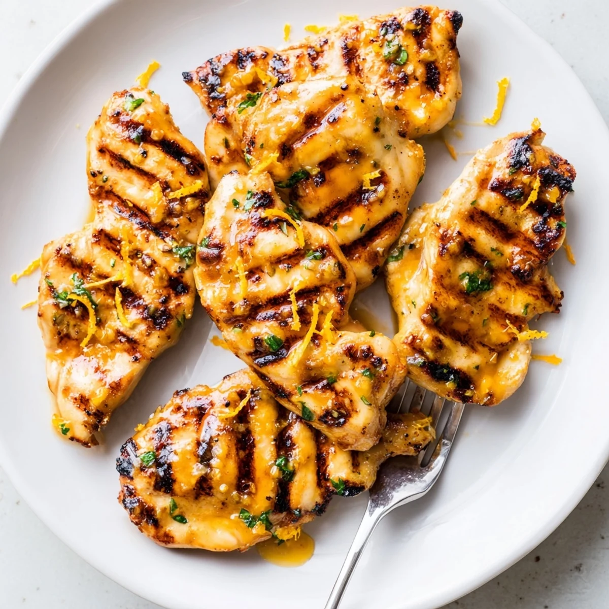 Juicy grilled Orange Dijon chicken pieces featuring char marks and orange slice garnish for summer dinner