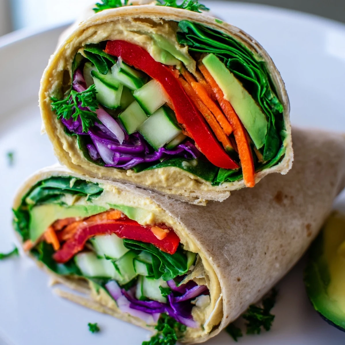 Golden brown hummus veggie wrap sliced diagonally revealing layers of crisp colorful vegetables and creamy spread
