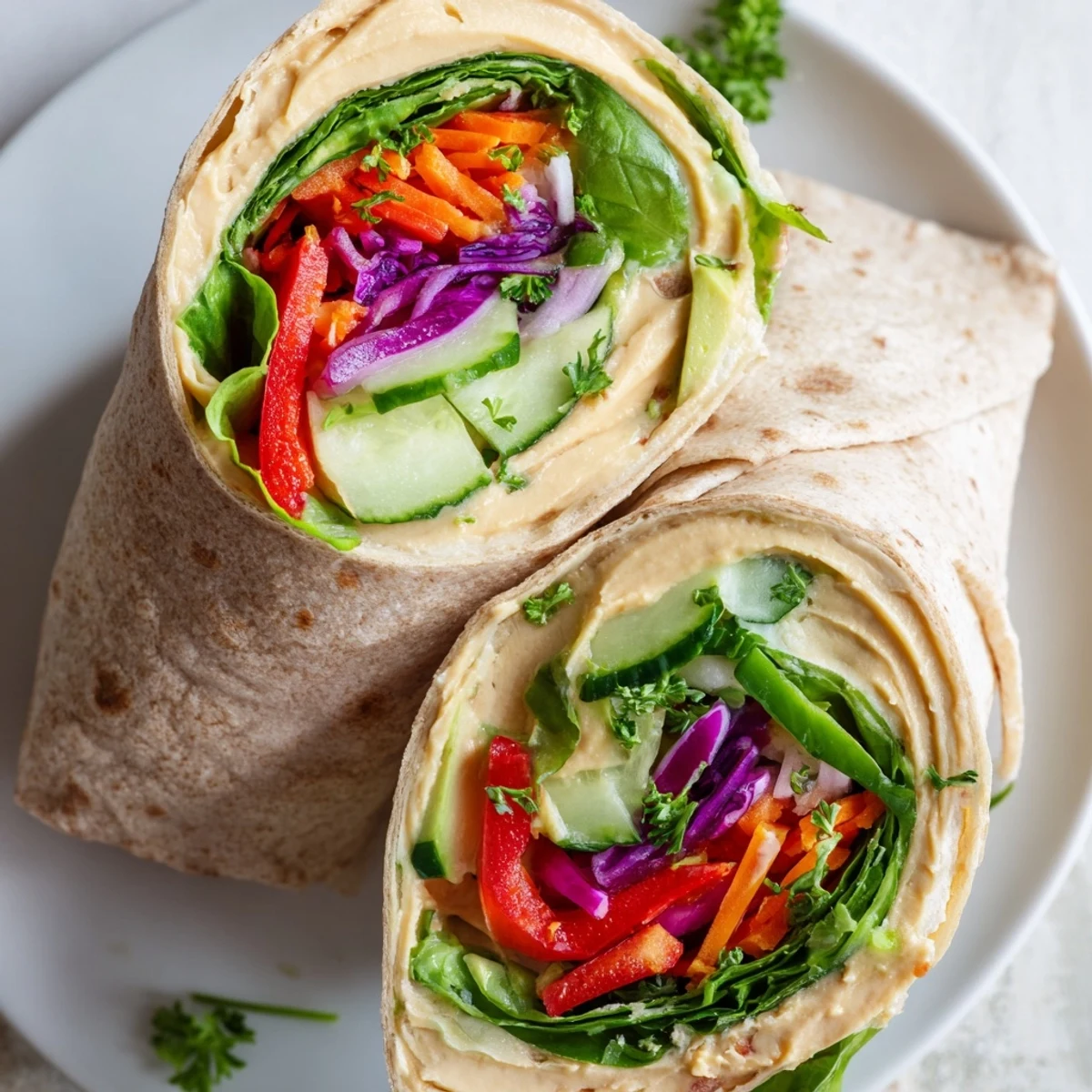 Whole wheat tortilla wrapped around smooth hummus and fresh julienned vegetables ready for a healthy lunch