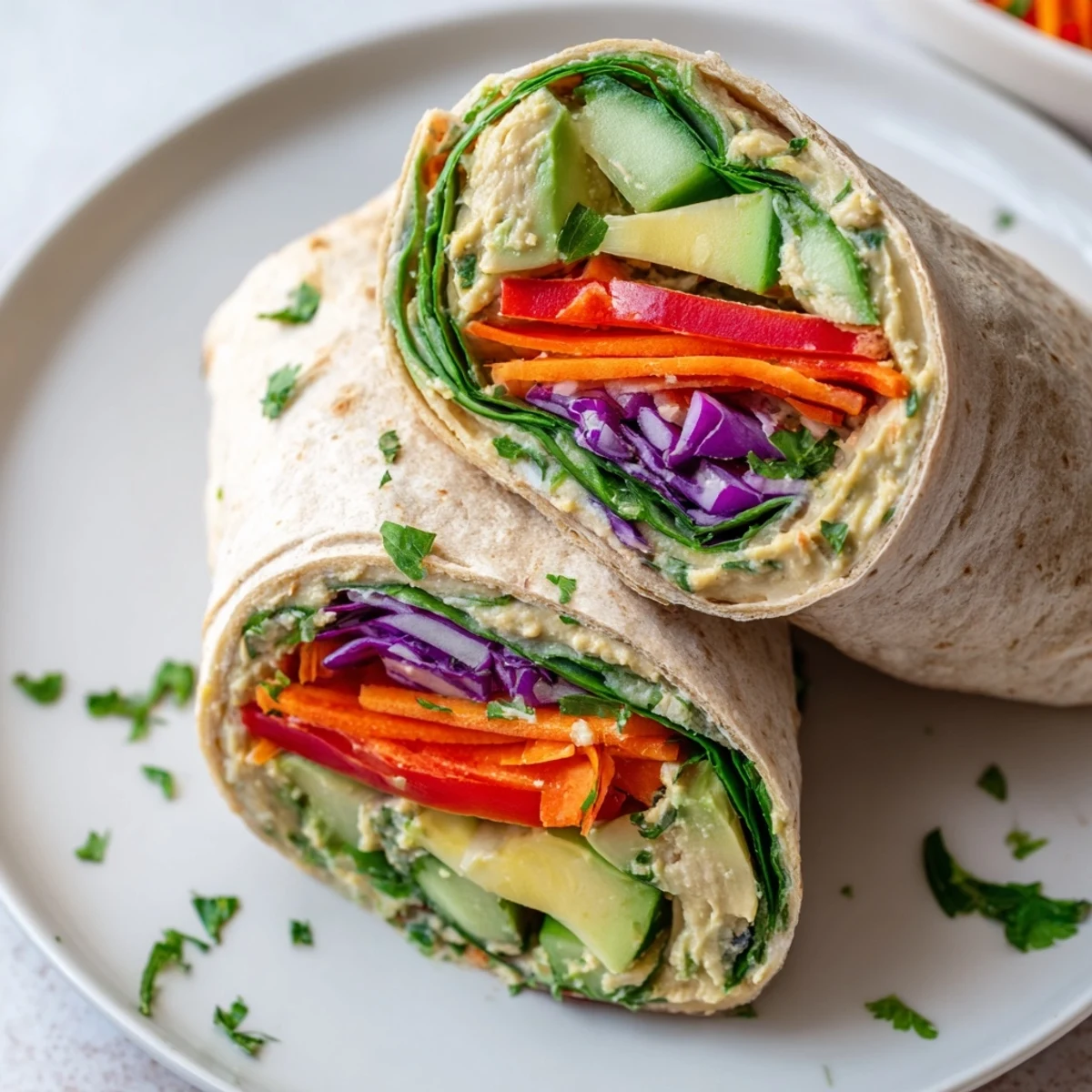 Mediterranean-style hummus veggie wrap rolled tightly with fresh spinach peppers cucumber carrots and purple cabbage
