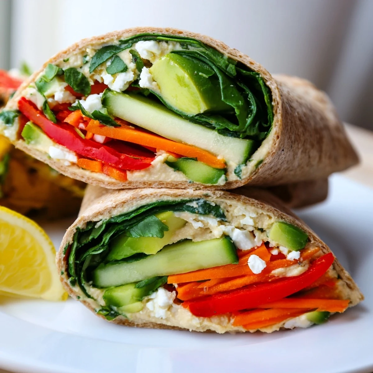 Fresh whole wheat wrap filled with creamy spinach hummus and crisp colorful vegetables