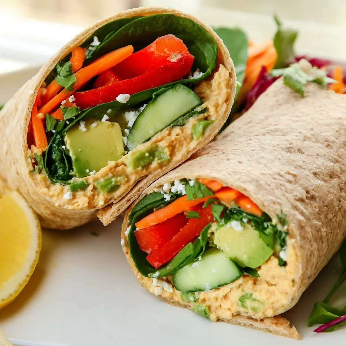 Healthy Mediterranean lunch wrap featuring hummus spread with sliced cucumber carrot and avocado