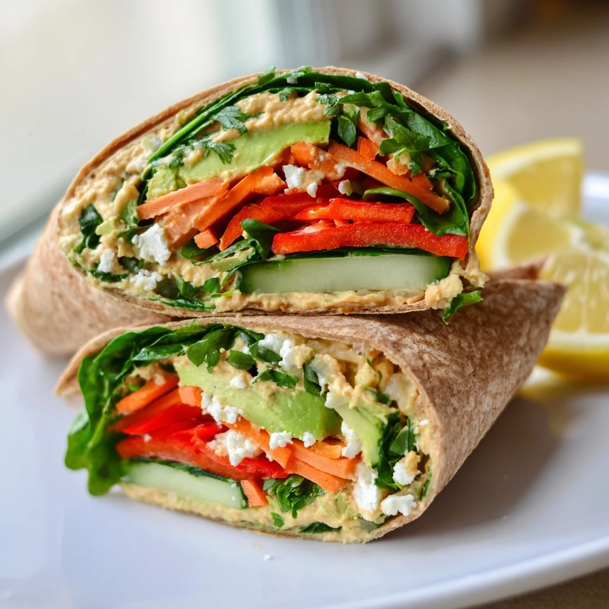 Vibrant vegetarian spinach hummus wraps rolled tight with fresh bell pepper and spinach layers