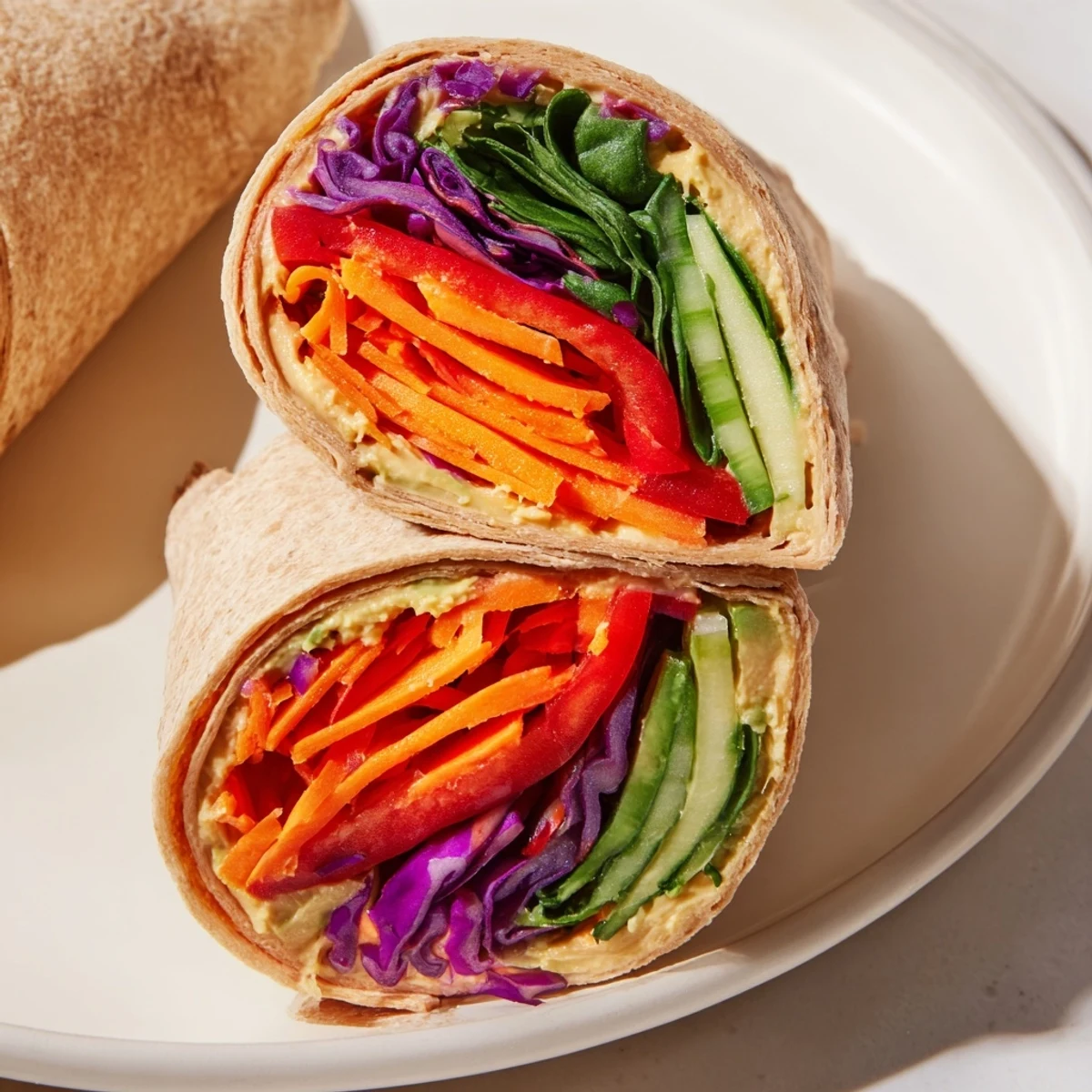 Mediterranean veggie wrap with hummus featuring vibrant shredded carrots red cabbage and sliced avocado