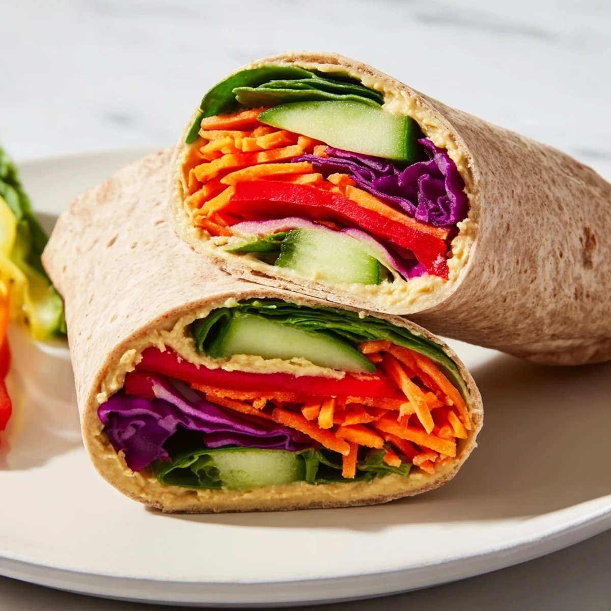 Colorful veggie wrap with hummus rolled diagonally displaying fresh spinach peppers and cucumber