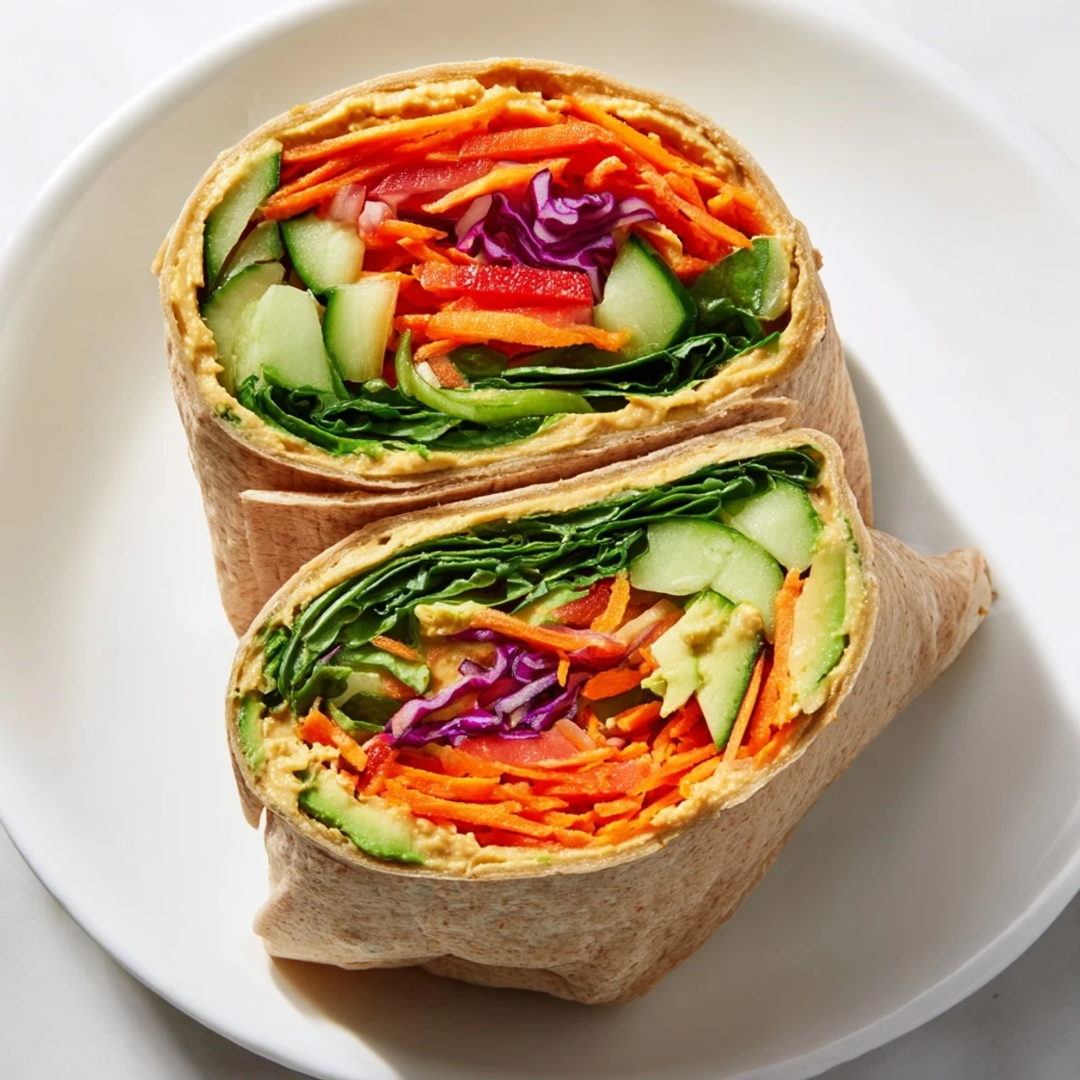 Fresh vegetable wrap with creamy hummus filling showing crisp bell pepper and cucumber layers