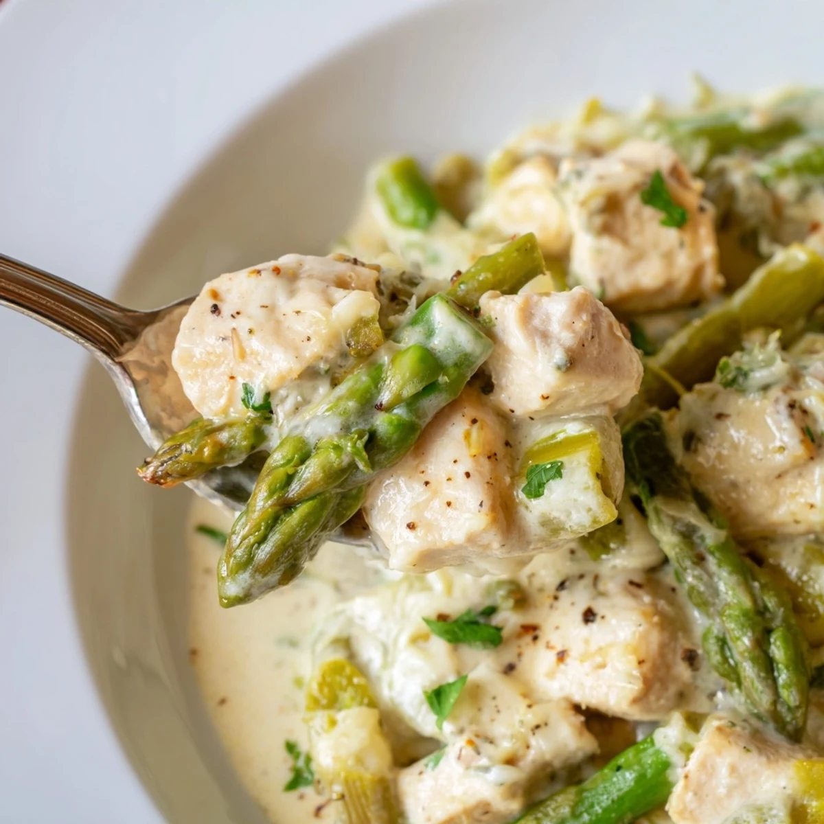 Creamy Chicken Asparagus Bake bubbling golden, tender chicken and crisp asparagus