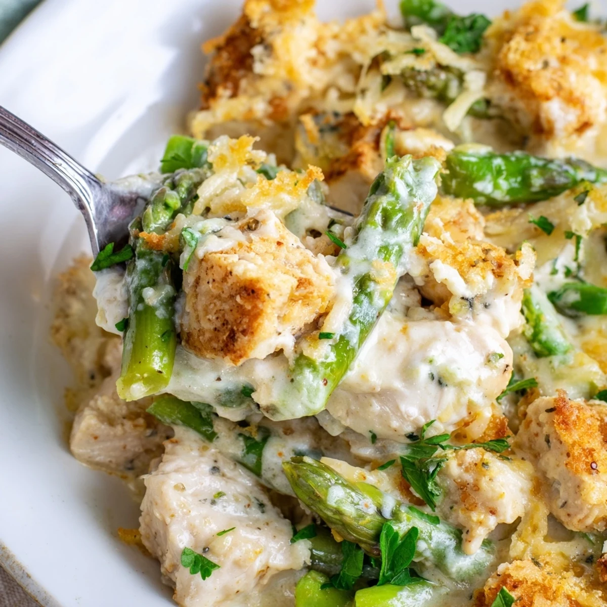Steaming Creamy Chicken Asparagus Bake topped with melted cheese and parsley