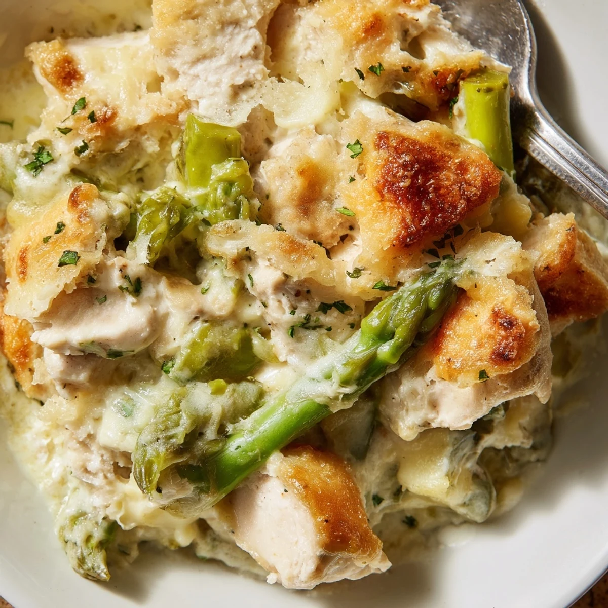 Family-style Creamy Chicken Asparagus Bake spoon-ready, rich sauce served over rice