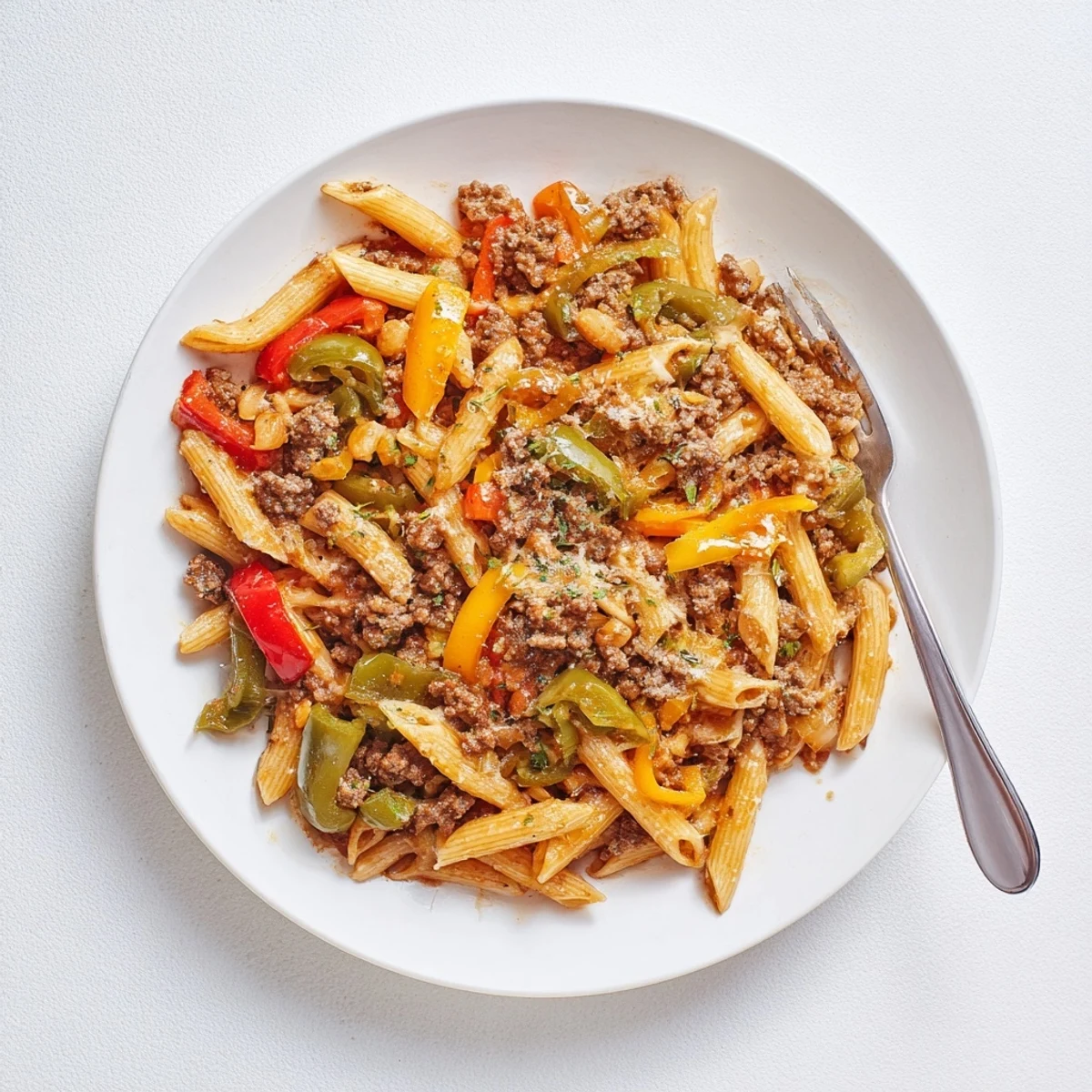Cheesy Stuffed Pepper Skillet Pasta with gooey mozzarella, roasted peppers, and herbs