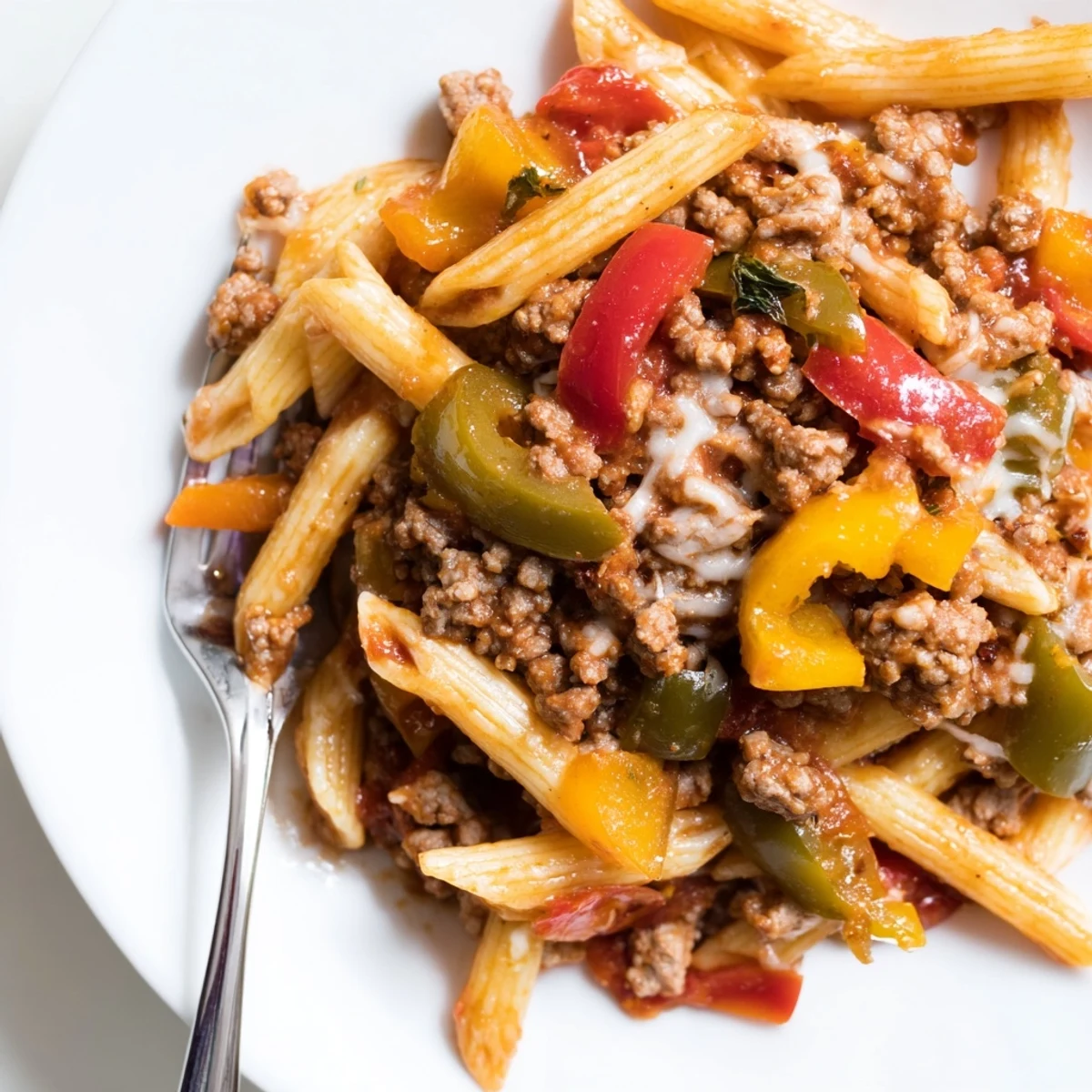 Family-style Cheesy Stuffed Pepper Skillet Pasta served hot with melting Parmesan crust