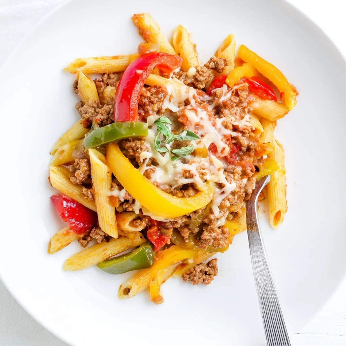 Weeknight Cheesy Stuffed Pepper Skillet Pasta: savory meat, tender pasta, fresh basil